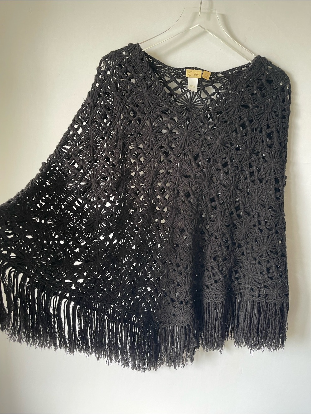 Open Knit Black Fringed Poncho OS
